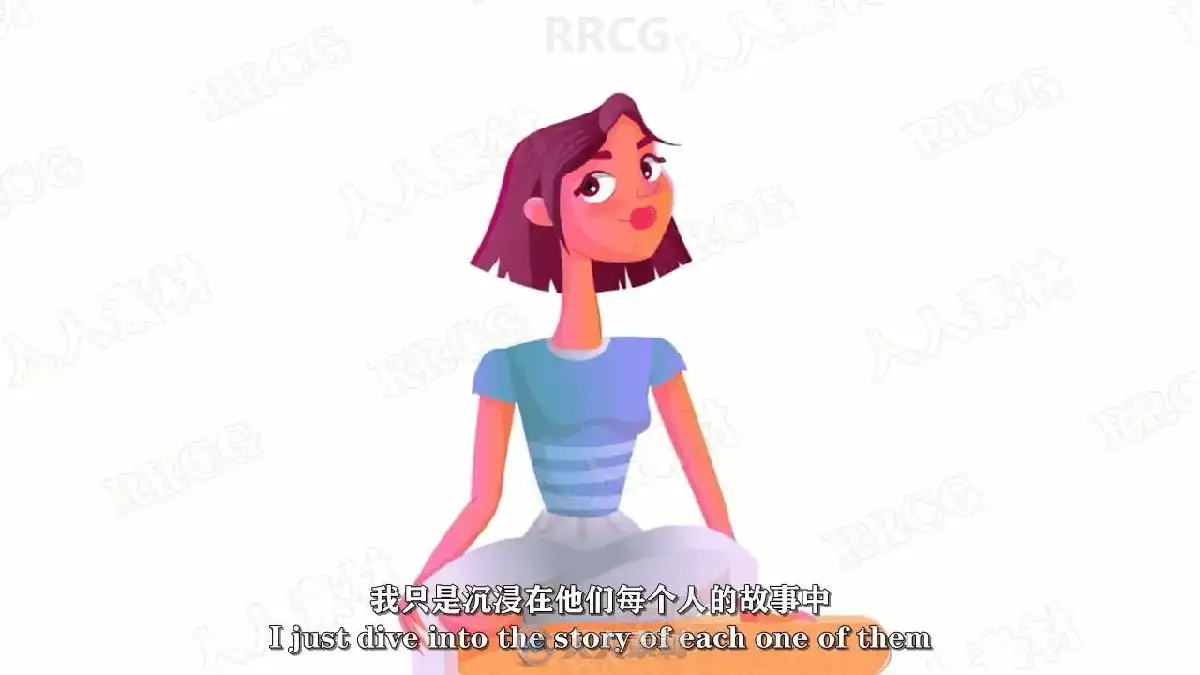 插画师在专业数位板前使用Photoshop绘制可爱平面卡通角色的草图与矢量线稿，屏幕下方显示着中英双语教学字幕19