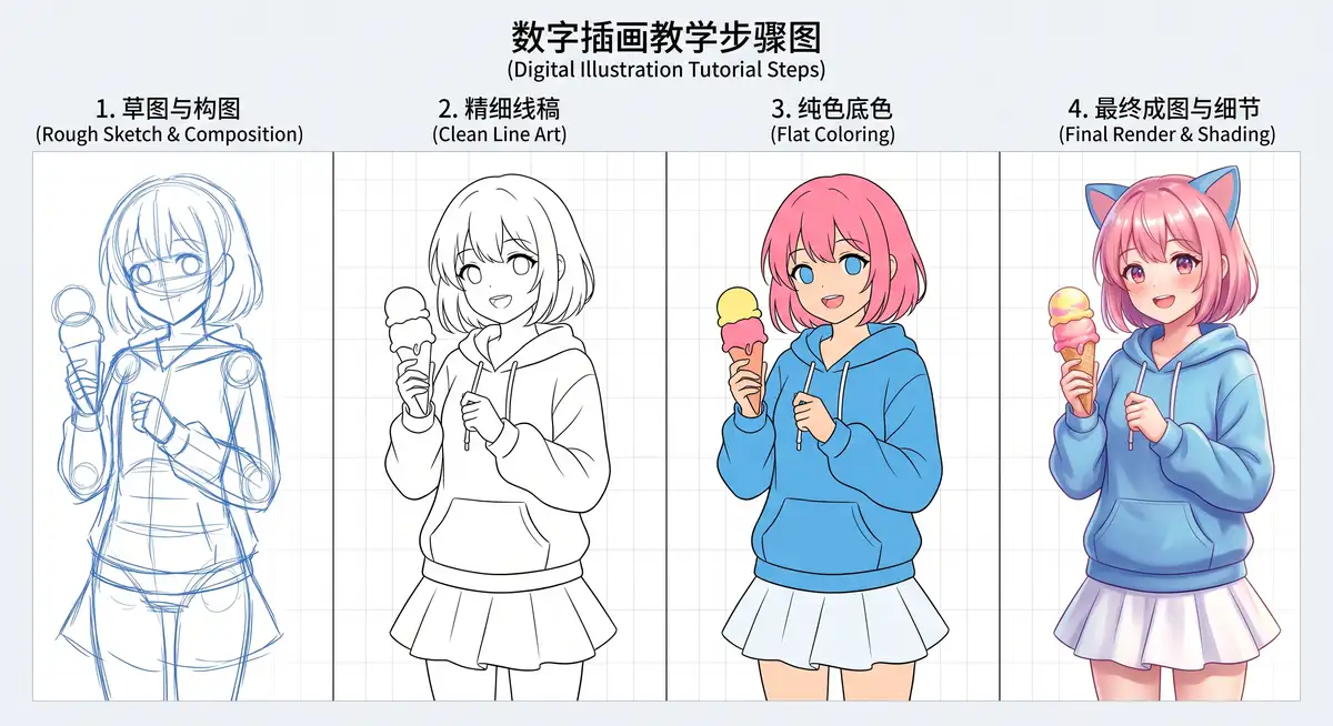 插画师在专业数位板前使用Photoshop绘制可爱平面卡通角色的草图与矢量线稿，屏幕下方显示着中英双语教学字幕2