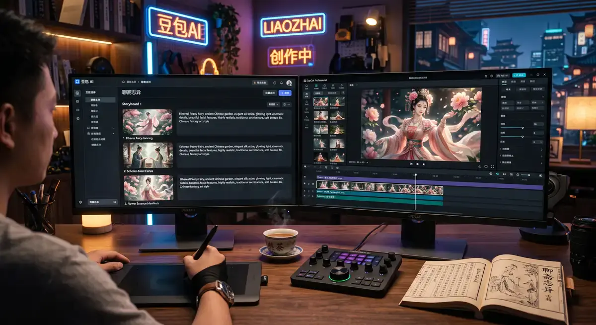 自媒体创作者在电脑前使用豆包AI和剪映软件,将《聊斋志异》的古风文本转化为精美的国风动画短视频 (1)
