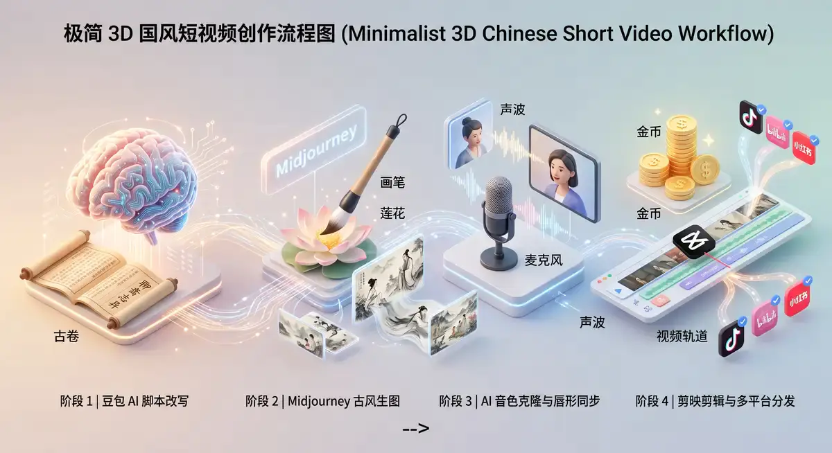 自媒体创作者在电脑前使用豆包AI和剪映软件,将《聊斋志异》的古风文本转化为精美的国风动画短视频 (2)