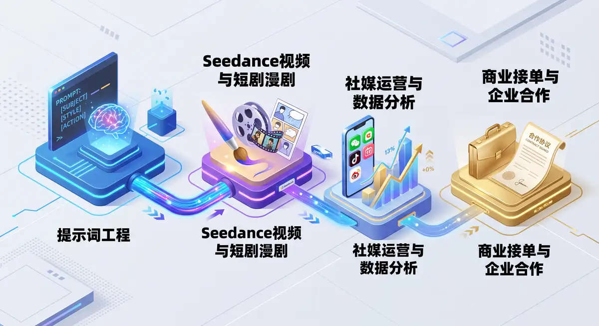 商业视觉设计师在多屏工作站前操作即梦AI与Seedance 2.0生成高品质短剧漫剧分镜，屏幕旁显示着飞书商业作品集与客户合作报价表 (2)
