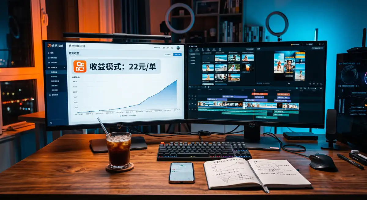 运营操盘手在电脑前操作快手拉新平台后台,屏幕显示着高额的拉新单价收益与爆款推广视频剪辑界面 (1)
