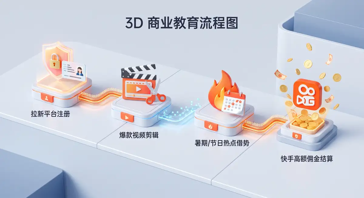 运营操盘手在电脑前操作快手拉新平台后台,屏幕显示着高额的拉新单价收益与爆款推广视频剪辑界面 (2)
