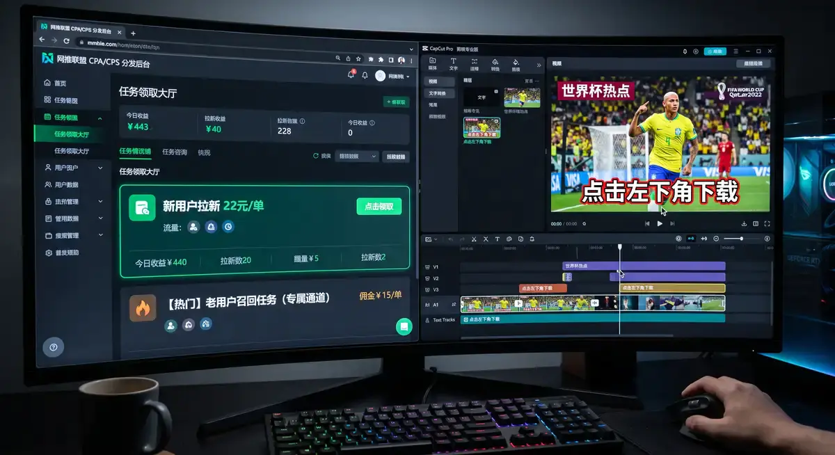 运营操盘手在电脑前操作快手拉新平台后台,屏幕显示着高额的拉新单价收益与爆款推广视频剪辑界面 (3)