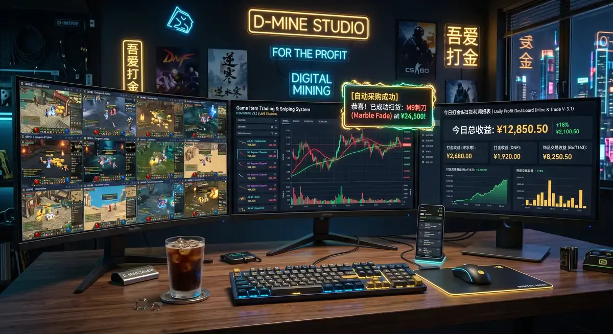 游戏工作室运营者在电脑前监控全自动游戏打金软件与皮肤扫货系统的实时交易数据,多台显示器正在矩阵多开运行 (1)