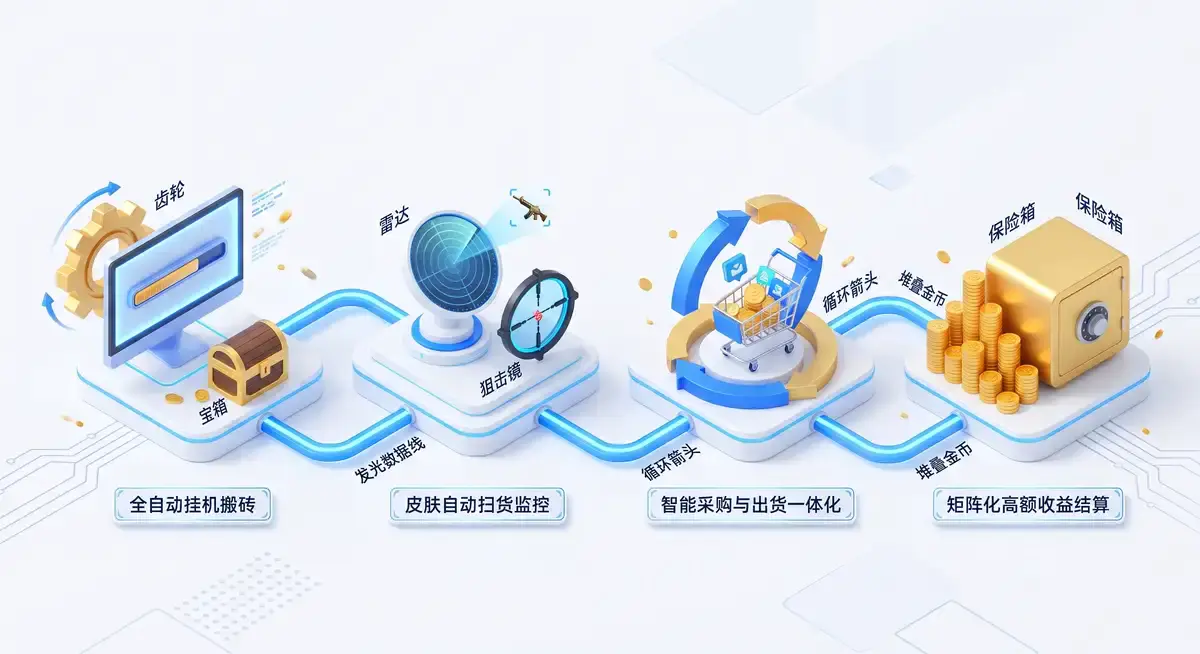 游戏工作室运营者在电脑前监控全自动游戏打金软件与皮肤扫货系统的实时交易数据,多台显示器正在矩阵多开运行 (2)