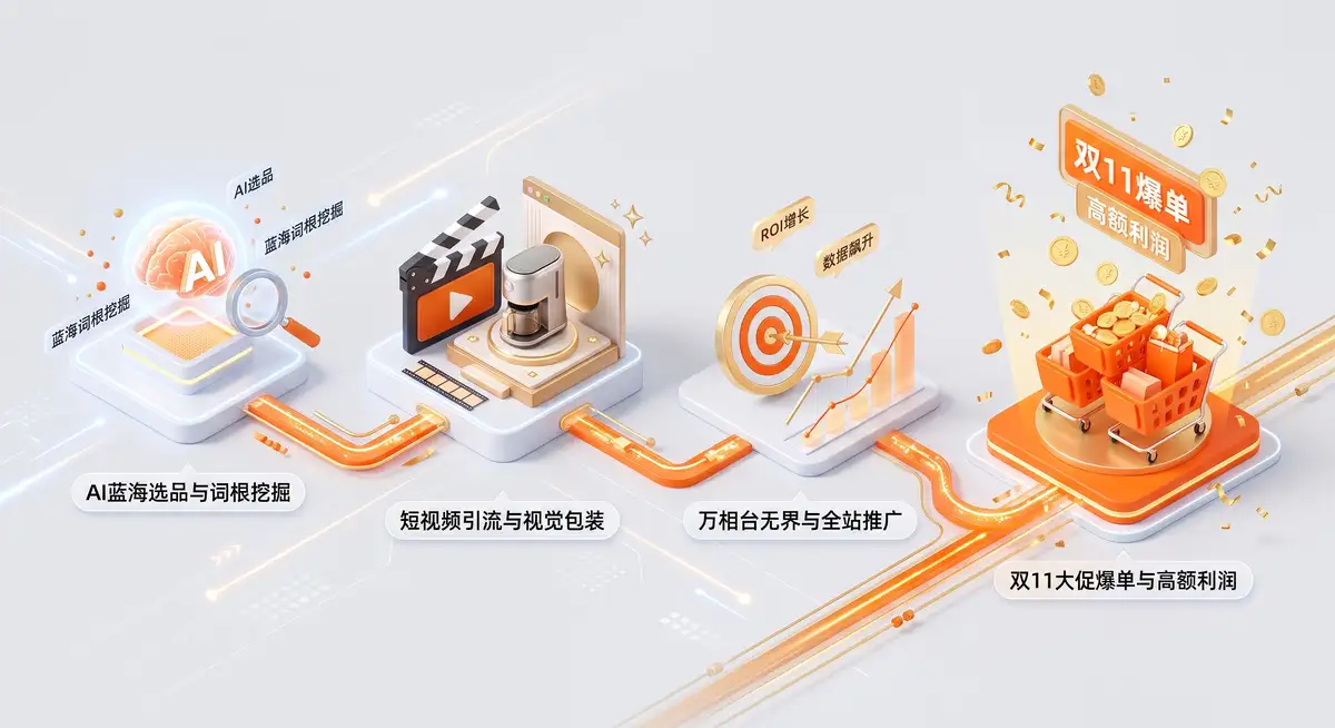 淘宝掌柜在多屏工作站前利用AI工具进行蓝海选品分析，屏幕上显示着万相台无界的精准人群推广数据与全站推广报表 (2)
