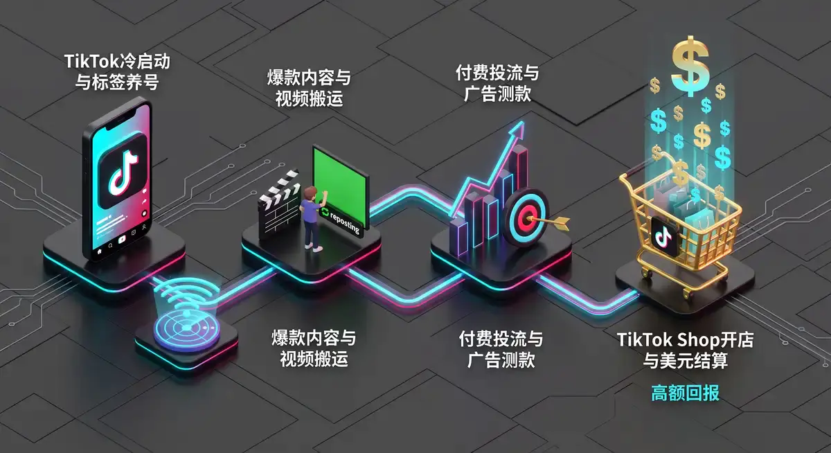 跨境电商操盘手在多屏电脑前分析TikTok Shop后台数据,屏幕显示着爆款短视频的流量池赛马机制与高转化选品矩阵 (2)