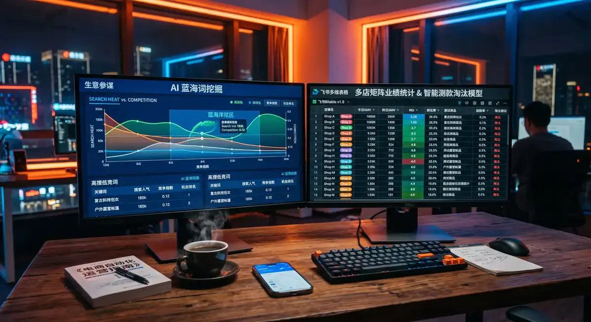 电商运营者在多屏工作站前利用AI大模型进行淘宝无货源蓝海选品,屏幕显示着自动化测款数据与多店矩阵管理表格 (1)