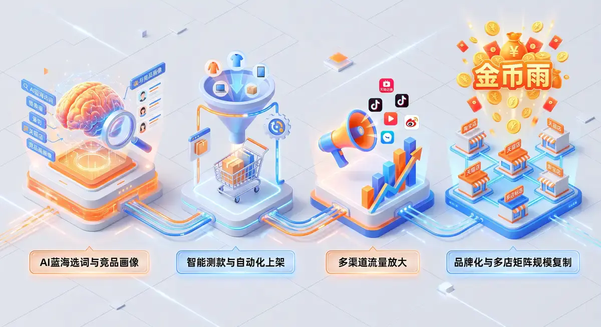 电商运营者在多屏工作站前利用AI大模型进行淘宝无货源蓝海选品,屏幕显示着自动化测款数据与多店矩阵管理表格 (2)