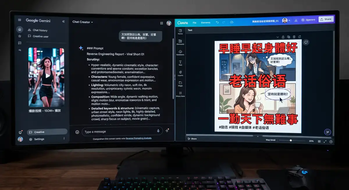 自媒体创作者在电脑前使用AI大模型与绘画工具生成抖音爆款两格漫画,屏幕显示着高流量的对标账号拆解与精准的提示词参数 (3)