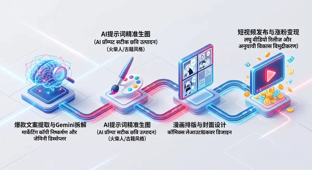 自媒体创作者在电脑前使用AI大模型与绘画工具生成抖音爆款两格漫画,屏幕显示着高流量的对标账号拆解与精准的提示词参数 (2)