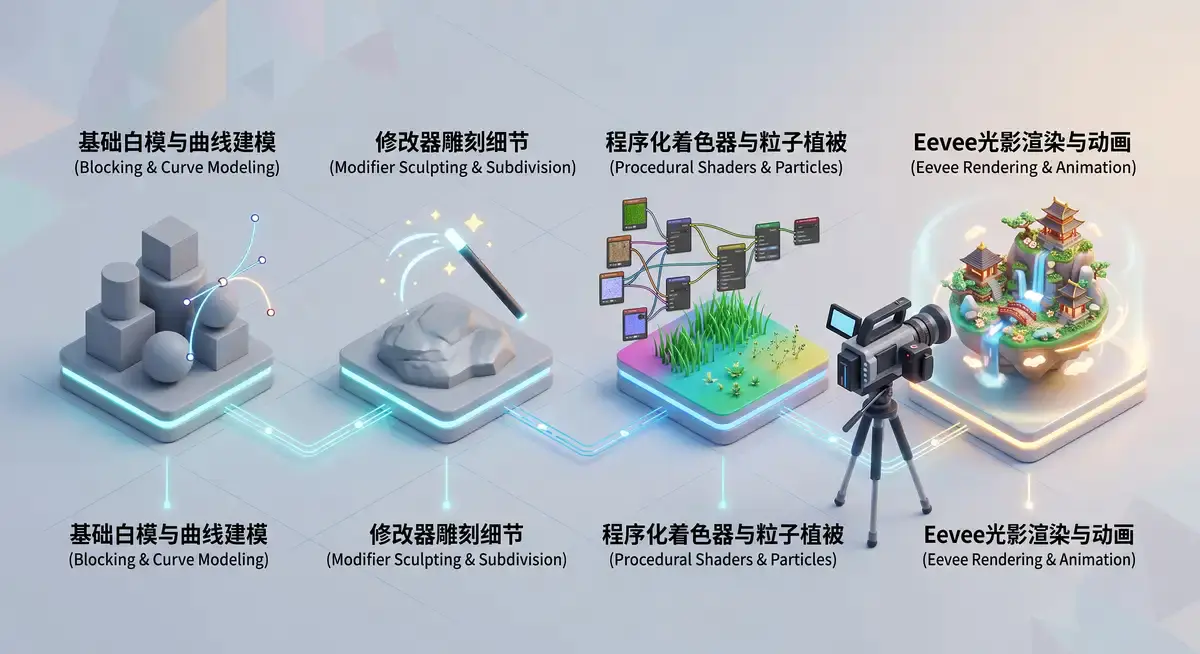 3D艺术家在超宽显示器前使用Blender软件节点编辑器,正在雕刻并渲染一座极具东方韵味和吉卜力风格的3D动画小岛 (2)