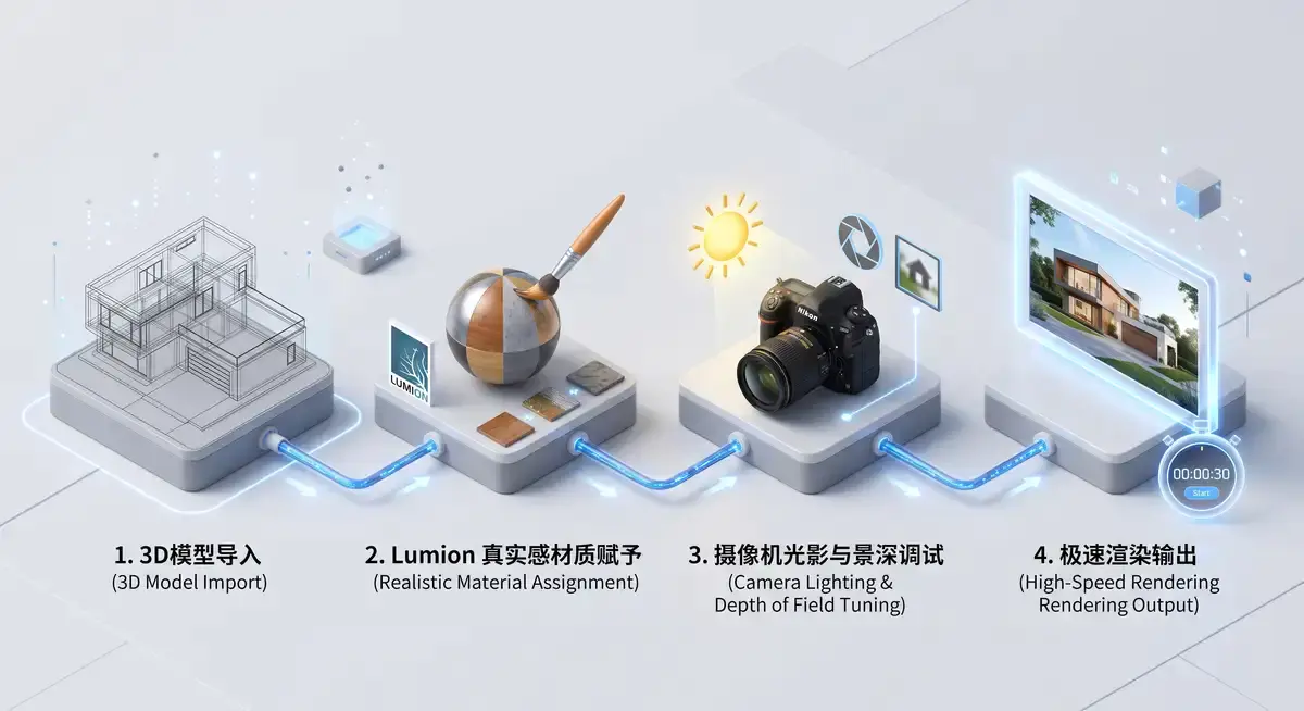 室内设计师在电脑前使用Lumion软件调试室内场景的光影与材质,屏幕上显示着极其逼真的照片级室内渲染效果图 (2)