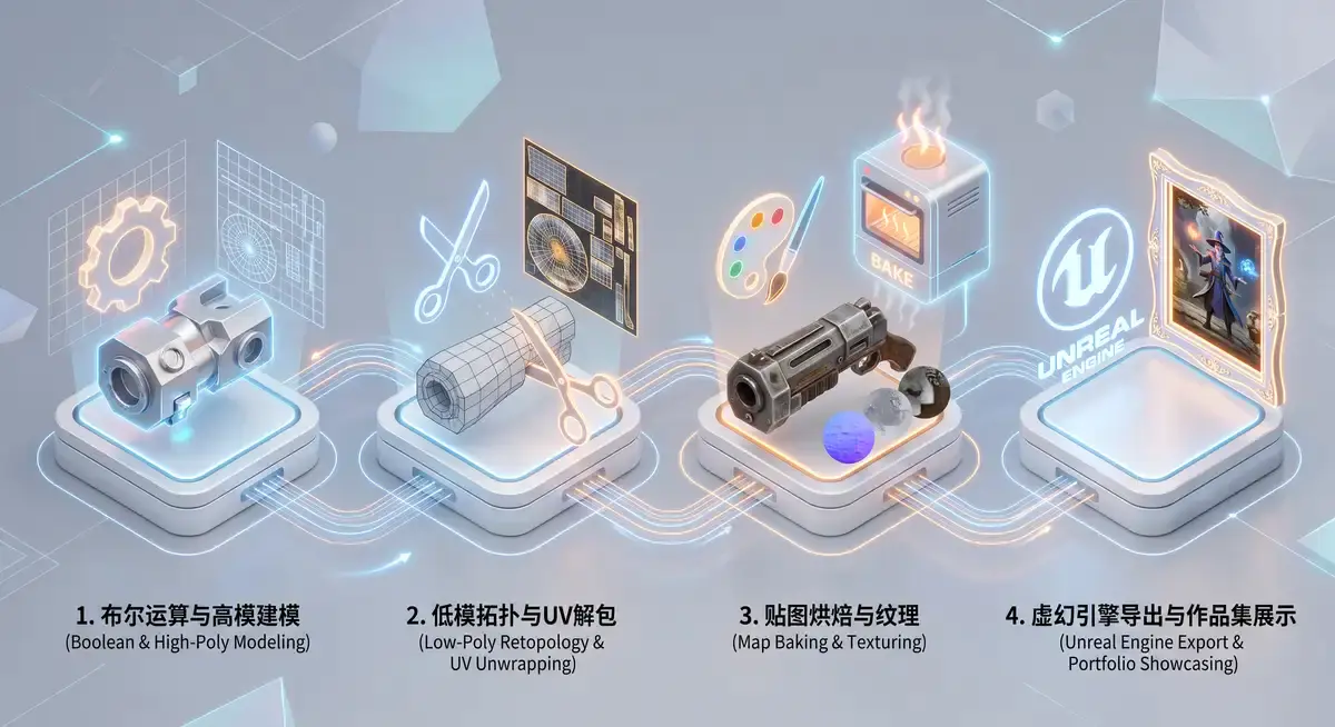 3D游戏美术师在电脑前使用Blender进行硬表面枪械资产的高模到低模拓扑,屏幕显示着极其精密的布尔运算网格与即将导出至虚幻引擎的贴图 (2)