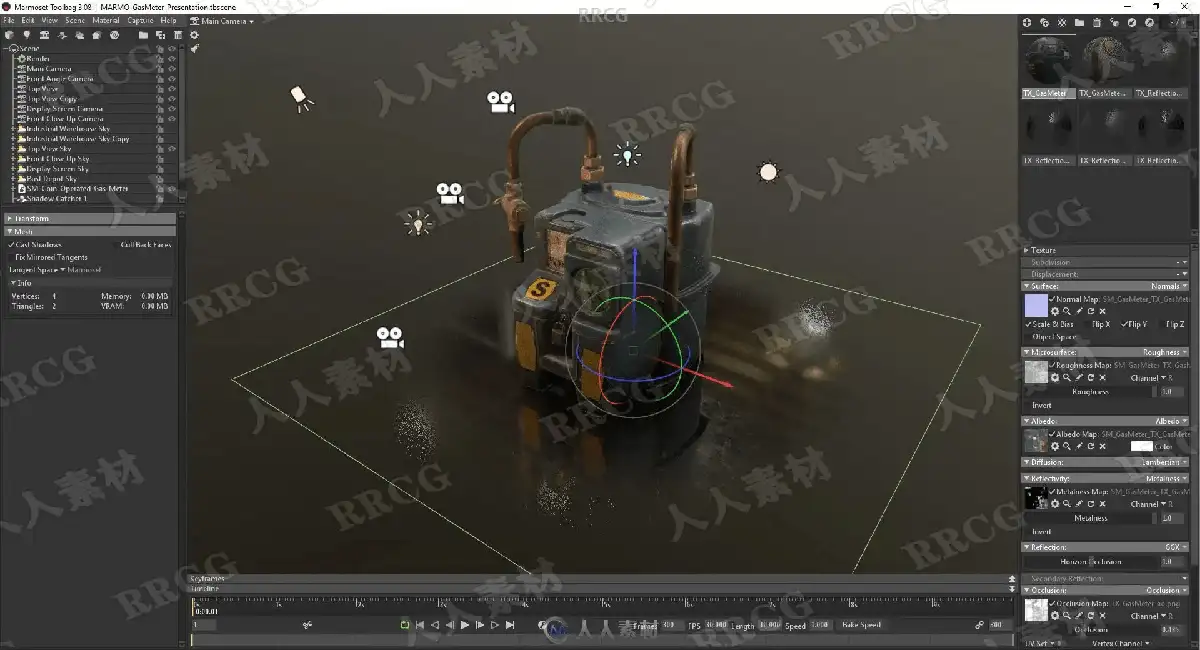 高级游戏美术师在电脑前使用3ds Max与Substance Painter制作高精度游戏道具，屏幕显示着Marmoset Toolbag中的实时物理渲染结果10