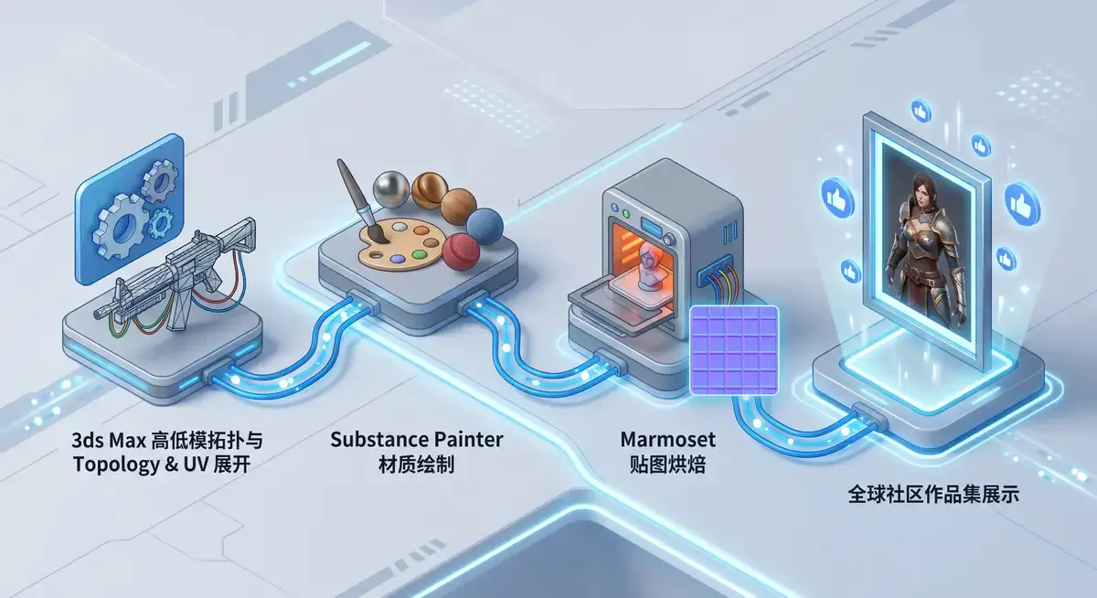 高级游戏美术师在电脑前使用3ds Max与Substance Painter制作高精度游戏道具,屏幕显示着Marmoset Toolbag中的实时物理渲染结果 (2)