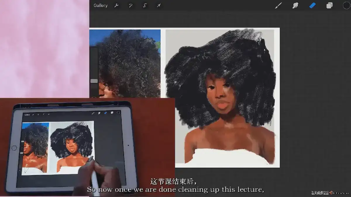 插画师在iPad Pro上使用Apple Pencil和Procreate软件绘制一幅极具古典油画质感的女性人像插画5