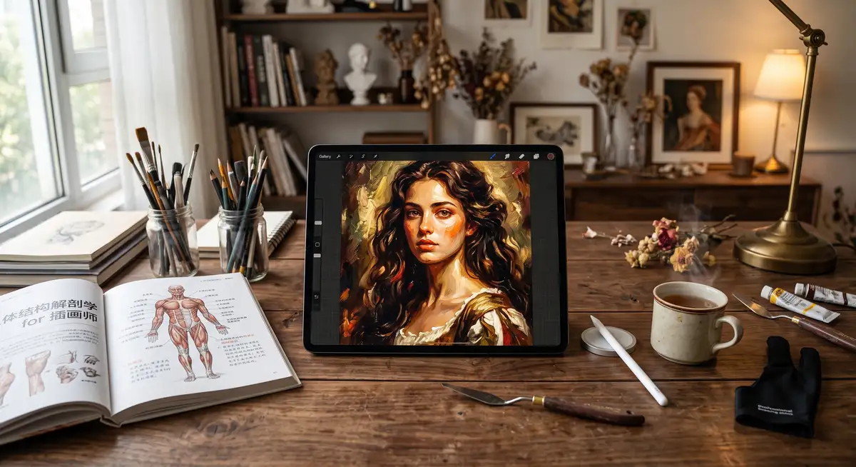 插画师在iPad Pro上使用Apple Pencil和Procreate软件绘制一幅极具古典油画质感的女性人像插画 (1)
