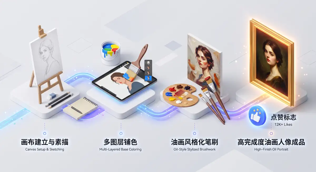 插画师在iPad Pro上使用Apple Pencil和Procreate软件绘制一幅极具古典油画质感的女性人像插画 (2)