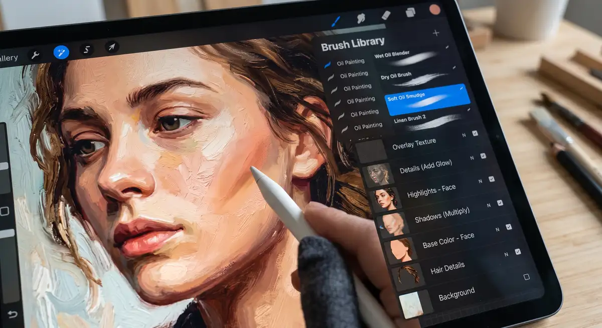 插画师在iPad Pro上使用Apple Pencil和Procreate软件绘制一幅极具古典油画质感的女性人像插画 (3)
