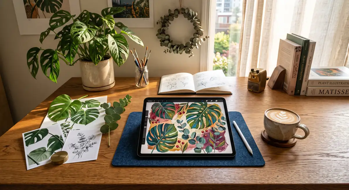 插画师在iPad Pro上使用Apple Pencil和Procreate软件，正对着一张真实的植物照片绘制极具色彩张力的水粉风植物插画 (1)