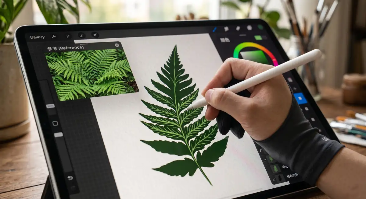 插画师在iPad Pro上使用Apple Pencil和Procreate软件，正对着一张真实的植物照片绘制极具色彩张力的水粉风植物插画 (3)