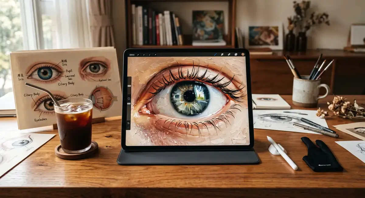 插画师在iPad Pro上使用Apple Pencil和Procreate软件,正在精细刻画一只极具光影真实感与虹膜细节的写实眼睛 (1)