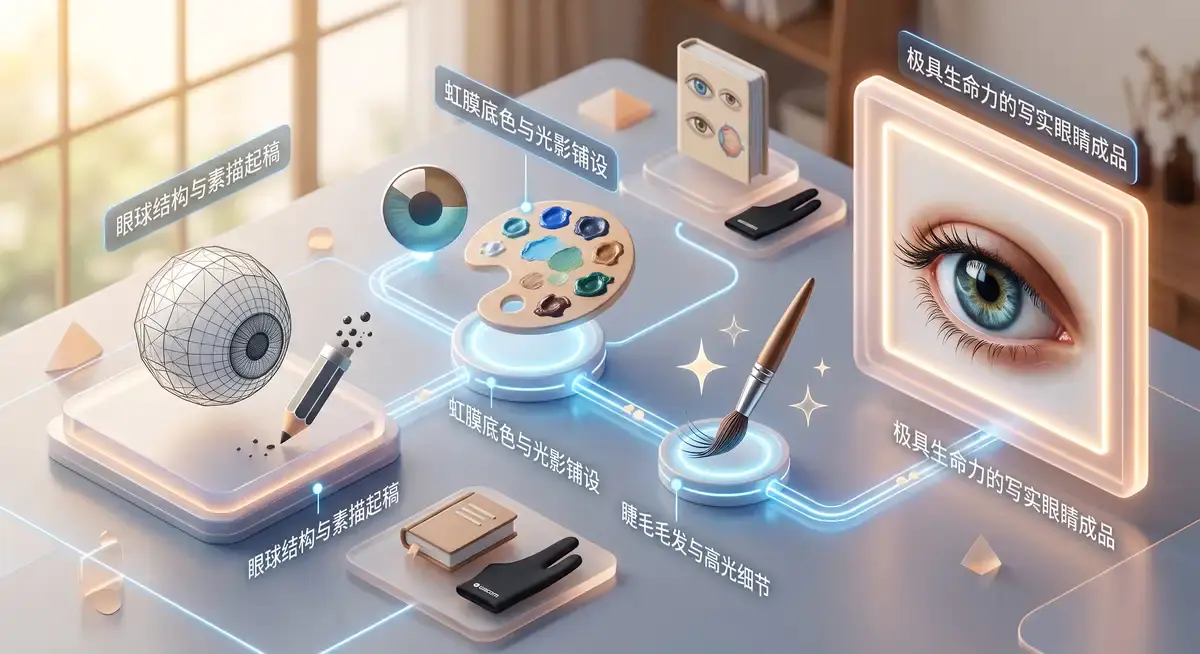 插画师在iPad Pro上使用Apple Pencil和Procreate软件,正在精细刻画一只极具光影真实感与虹膜细节的写实眼睛 (2)
