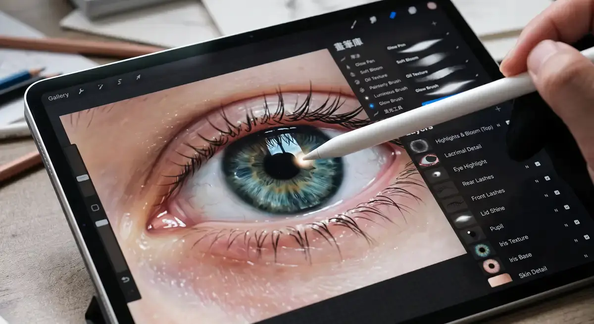 插画师在iPad Pro上使用Apple Pencil和Procreate软件,正在精细刻画一只极具光影真实感与虹膜细节的写实眼睛 (3)