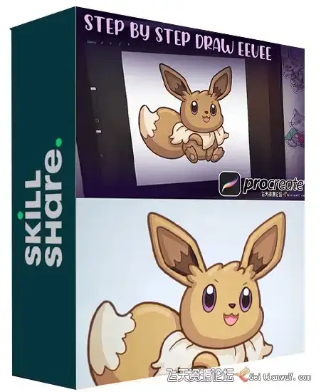 插画师在iPad Pro屏幕上使用Procreate软件，正分步绘制一只可爱的宝可梦伊布(Eevee)卡通插画1