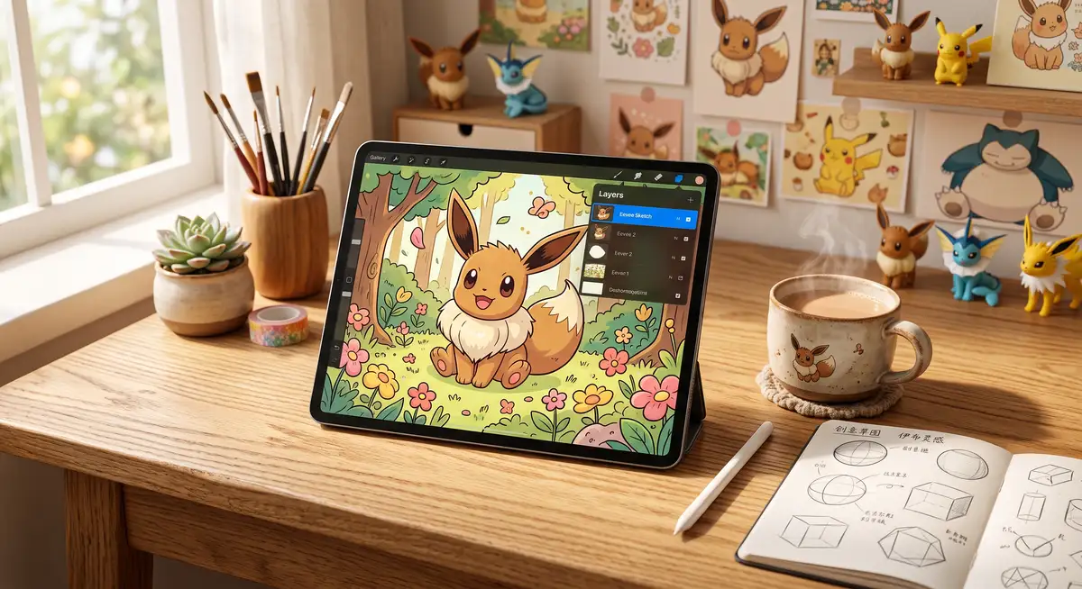 插画师在iPad Pro屏幕上使用Procreate软件,正分步绘制一只可爱的宝可梦伊布(Eevee)卡通插画 (1)