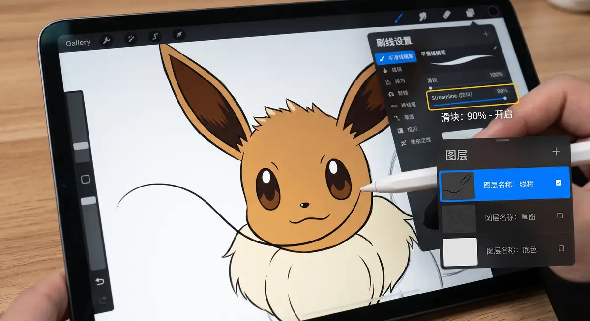 插画师在iPad Pro屏幕上使用Procreate软件,正分步绘制一只可爱的宝可梦伊布(Eevee)卡通插画 (3)