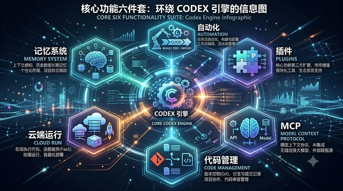 Codex 零基础安装到实战全链路指南封面图，左侧安装终端右侧工作流节点到成品网站 (核心功能六件套信息图).webp
