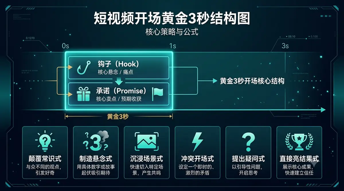 口播博主表现力封面图，深色背景配博主剪影与镜头光圈-爆款开头句式结构