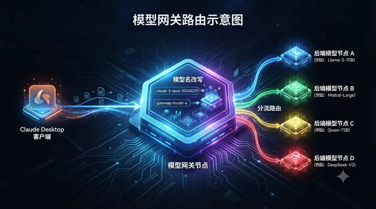 Claude Desktop 第三方推理配置:用模型网关做映射插图(1) 客户端只管发 Claude 风格请求,网关负责改写成后端真实模型名并路由。