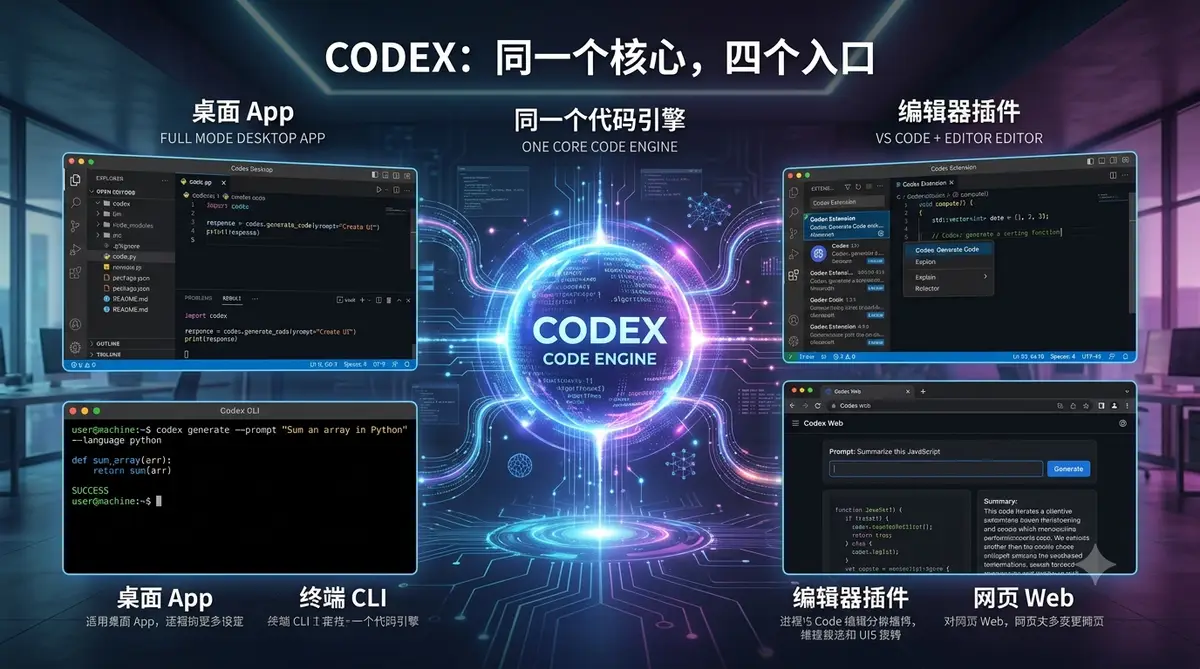 Codex 零基础安装到实战全链路指南封面图，左侧安装终端右侧工作流节点到成品网站 (Codex 四个入口对比图).webp