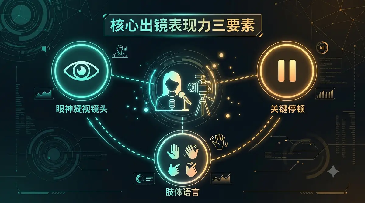 口播博主表现力封面图，深色背景配博主剪影与镜头光圈-镜头表现力三要素