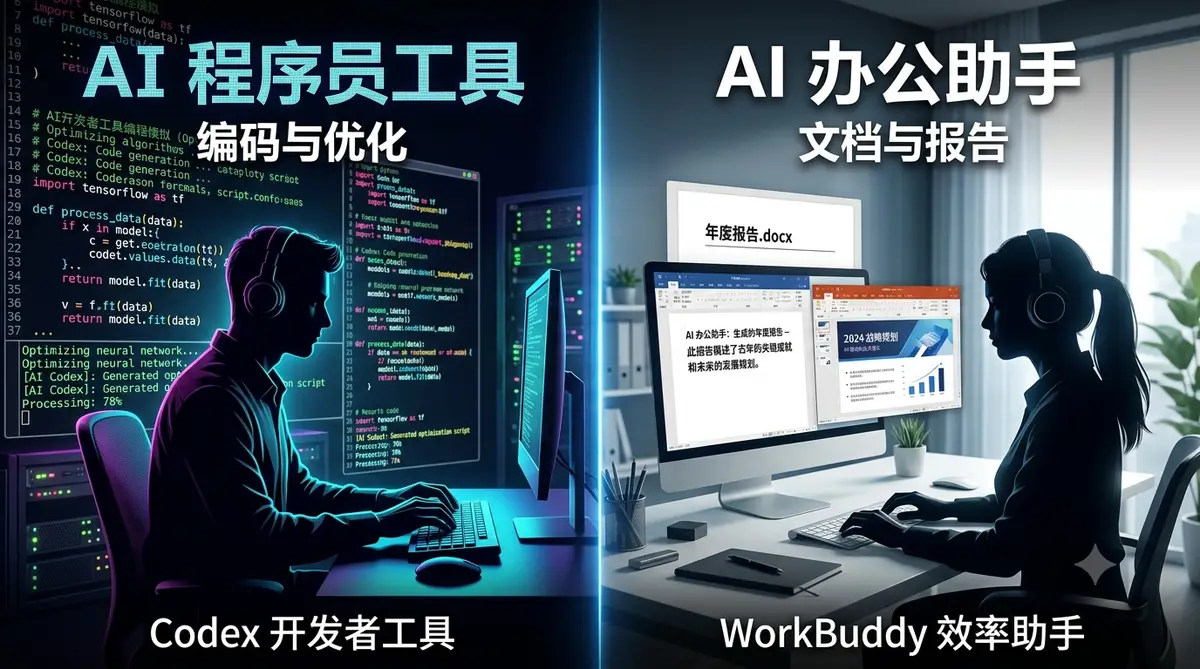 Codex 与 WorkBuddy 两款 AI 智能体工具选型对比封面图，左侧代码终端右侧办公应用 (2)