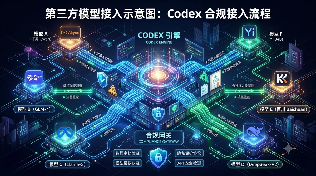 Codex 零基础安装到实战全链路指南封面图，左侧安装终端右侧工作流节点到成品网站 (第三方模型接入示意)