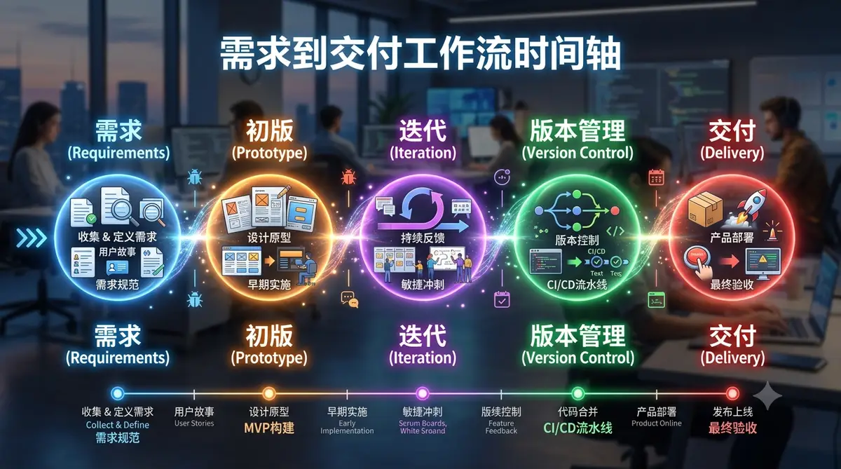Codex 零基础安装到实战全链路指南封面图，左侧安装终端右侧工作流节点到成品网站 (需求到交付工作流时间轴).webp