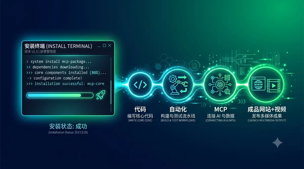 Codex 零基础安装到实战全链路指南封面图，左侧安装终端右侧工作流节点到成品网站 (封面主图).webp