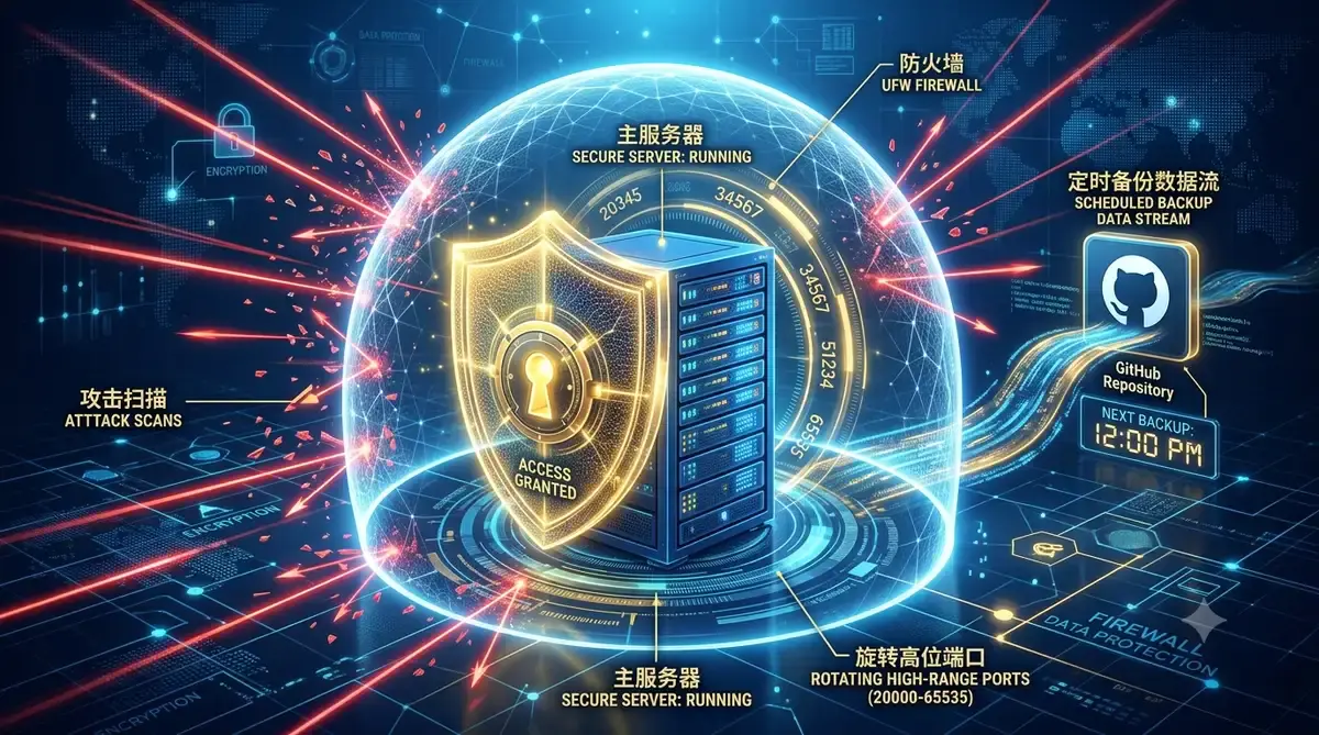 Hermes Agent安全教程:服务器防护3项必做+自动备份插图 - 拾光网 - 一站式设计资源网 Hermes Agent 服务器安全防护 3 项必做教程,SSH 加固与 GitHub 自动备份 (封面图)