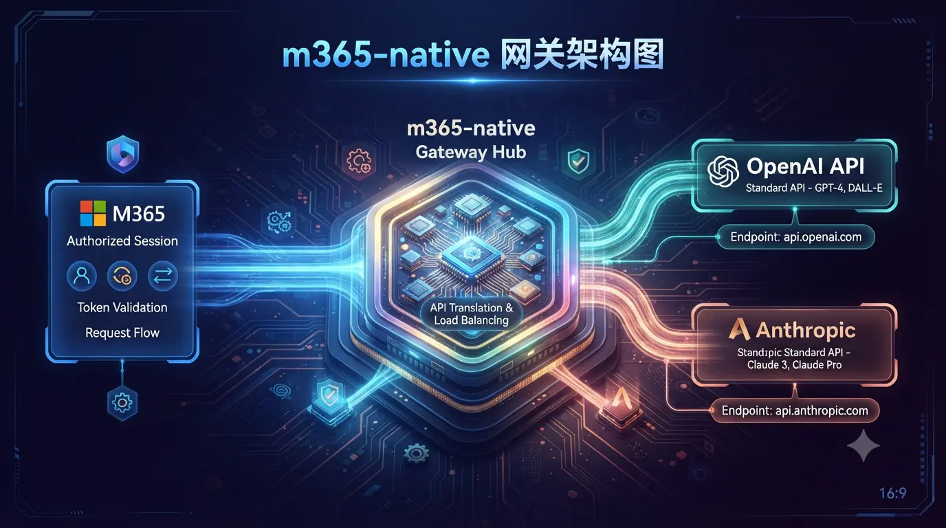 M365 Copilot 接入任意客户端:m365-native 网关实战插图(1) m365-native 网关把 Microsoft 365 Copilot 接入 OpenAI 与 Claude 客户端封面图 (m365-native 网关架构图)
