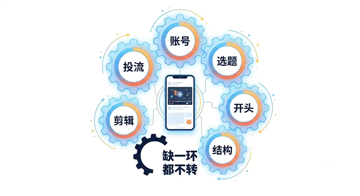 短视频起号特训课，账号拍摄选题剪辑投流全教学与多行业爆款拆解 (运营闭环齿轮图)
