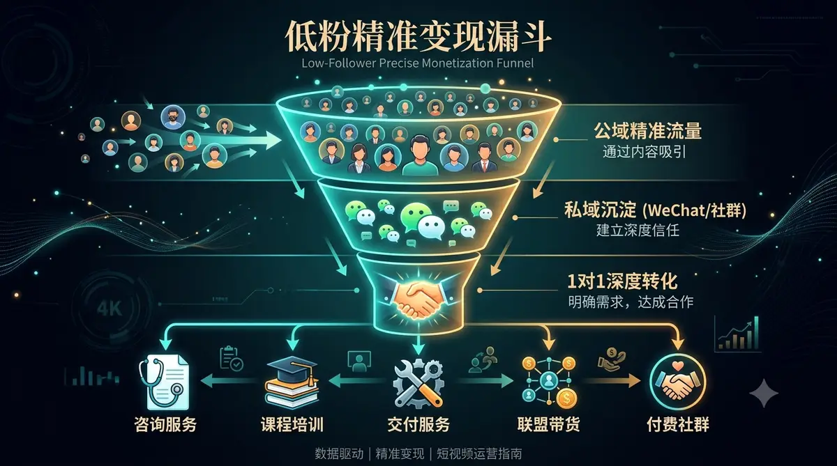 口播博主表现力封面图，深色背景配博主剪影与镜头光圈-低粉变现漏斗