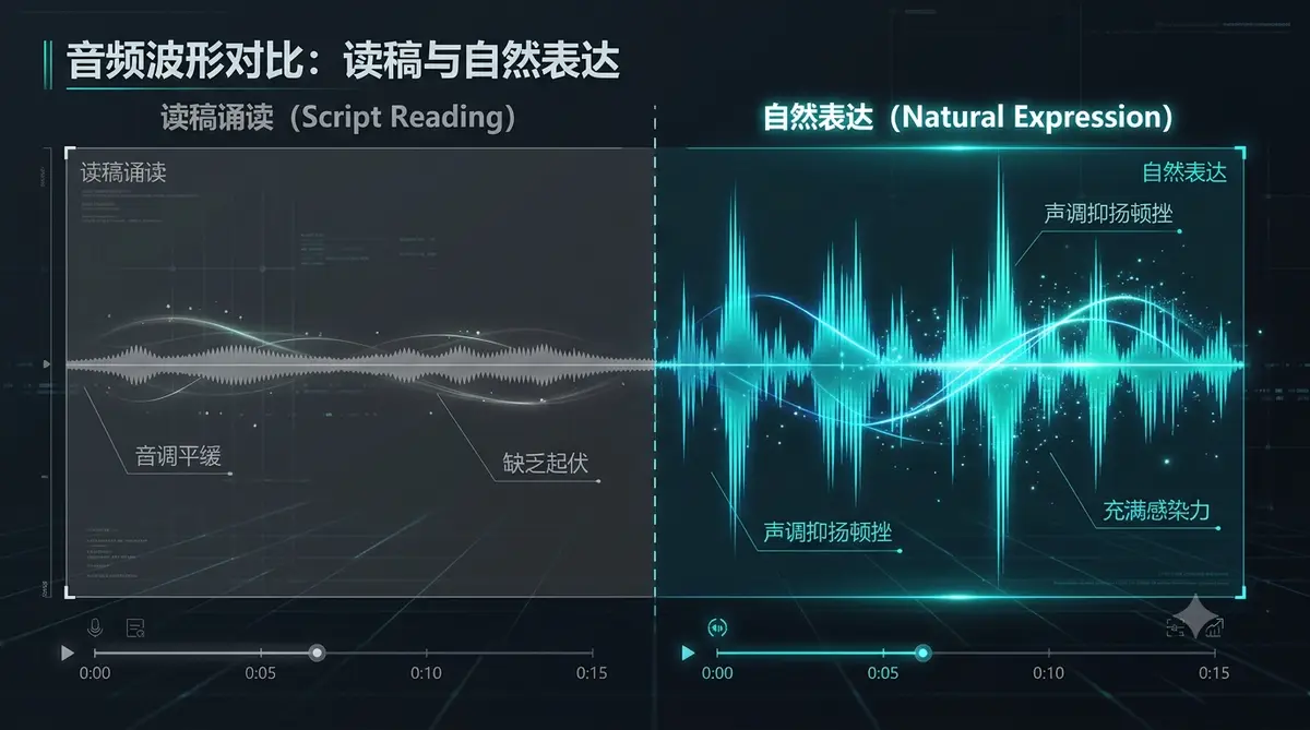 口播博主表现力封面图，深色背景配博主剪影与镜头光圈-背稿感 vs 自然说对比
