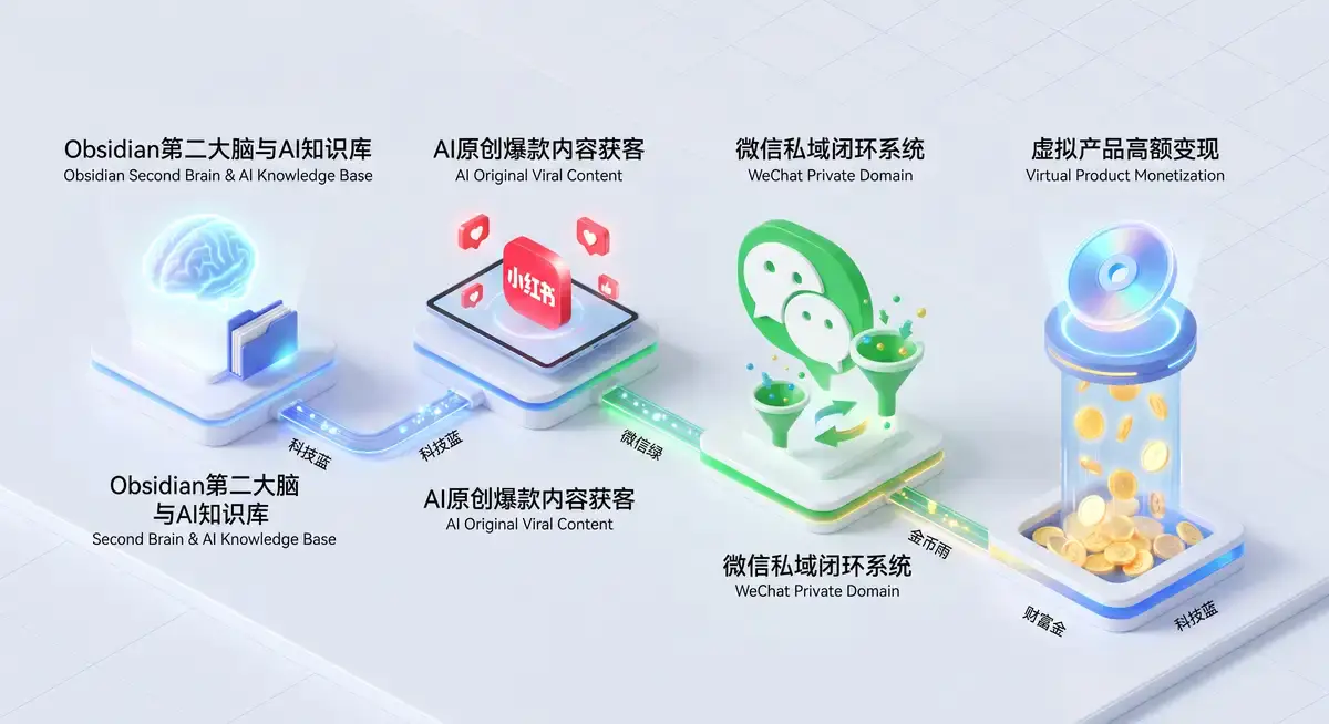 内容创作者在电脑前使用Obsidian知识库与Claude AI,构建个人虚拟产品的生产线,屏幕显示着小红书爆款数据与微信私域获客模型 (2)