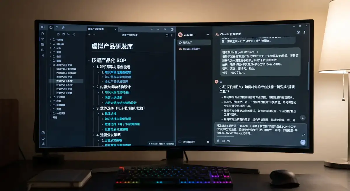 内容创作者在电脑前使用Obsidian知识库与Claude AI,构建个人虚拟产品的生产线,屏幕显示着小红书爆款数据与微信私域获客模型 (3)
