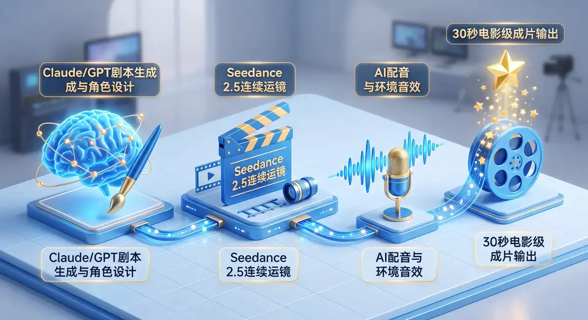 数字导演在多屏工作站前运行Higgsfield一站式创作平台,屏幕显示着《牛气冲天》动画短片中主角“牛德赛”与狼群对决的30秒连续AI生成视频片段 (2)